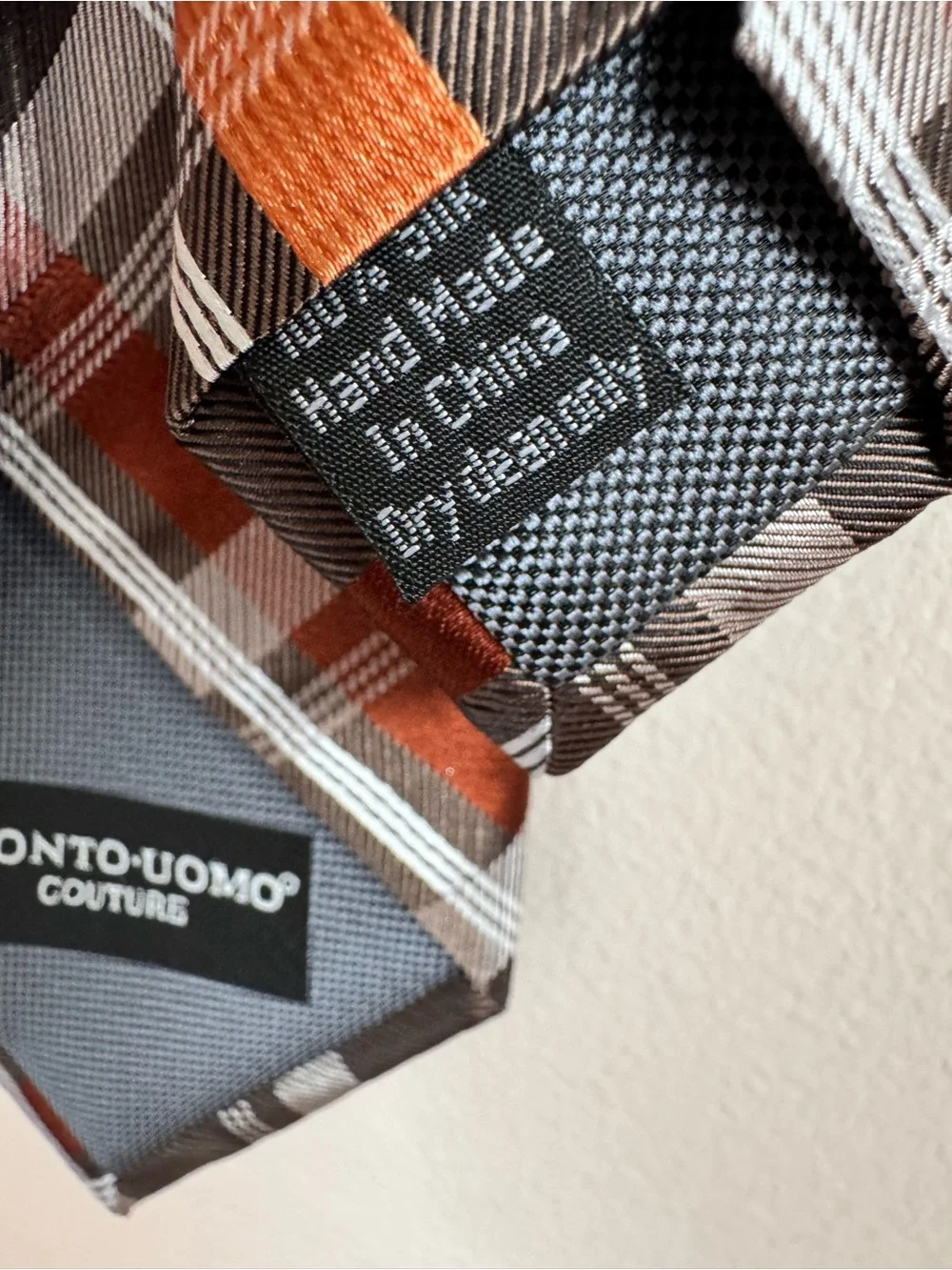 Pronto-Uomo Couture Hand Made 100% Silk Orange, Brown, & White Plaid Fall Tie